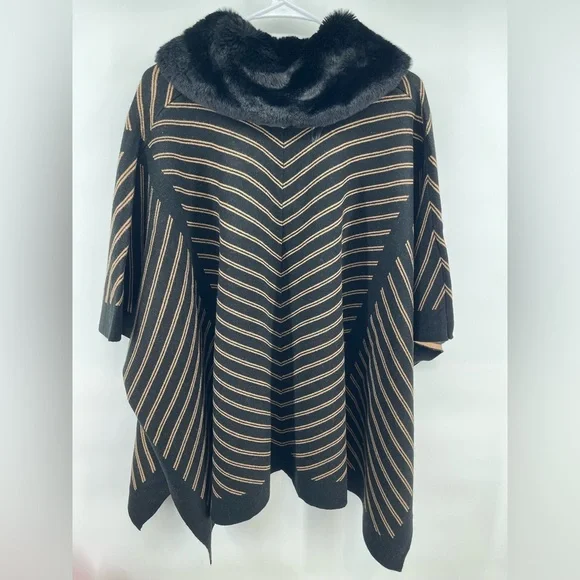 Anne Klein NWT Black Coffee Striped Women's Sweater Poncho Coat Oversized Sm - Picture 5 of 10